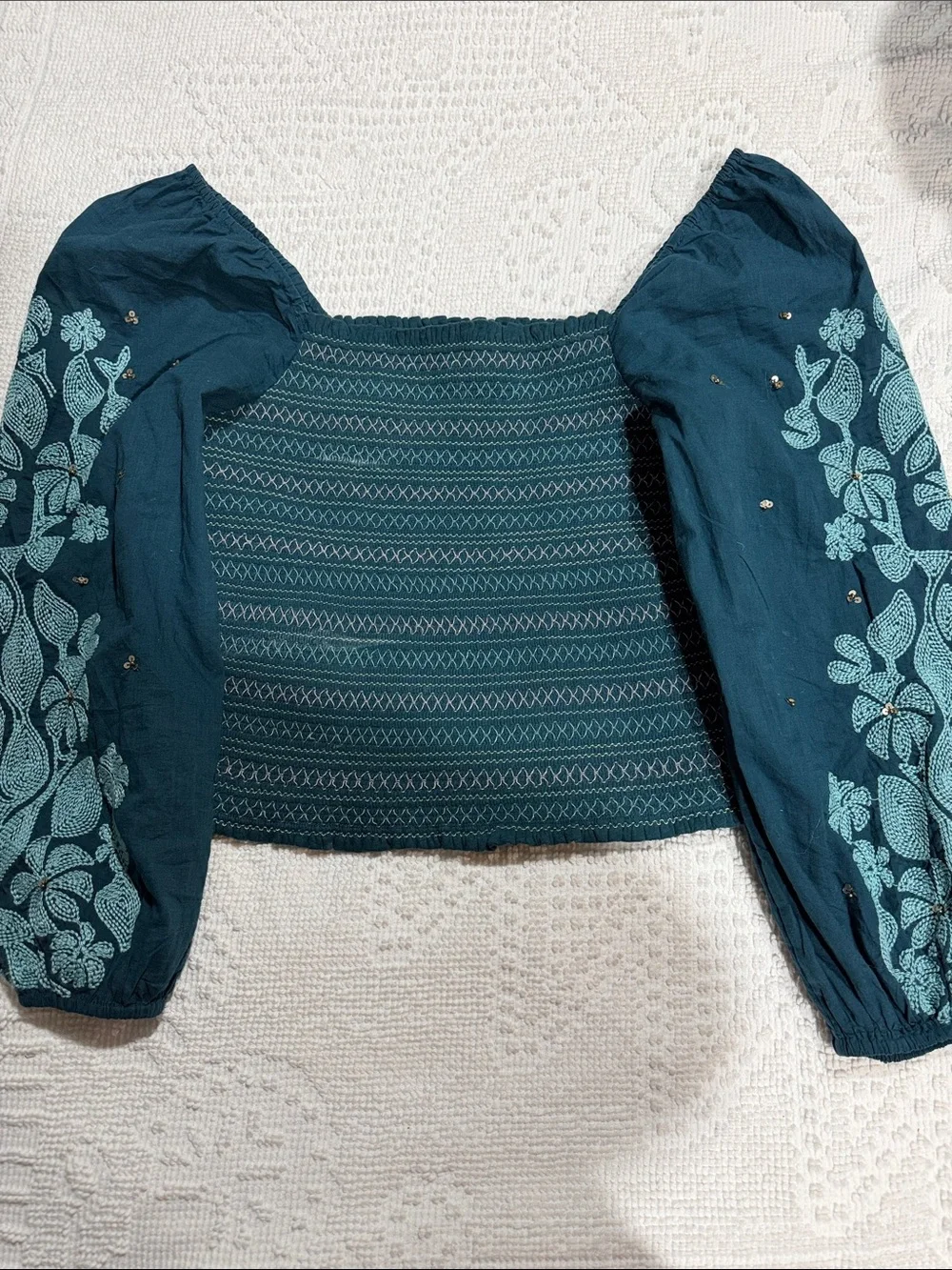 Anthropologie Teal Smocked Off-Shoulder Crop Top with Embroidered Puff Sleeves